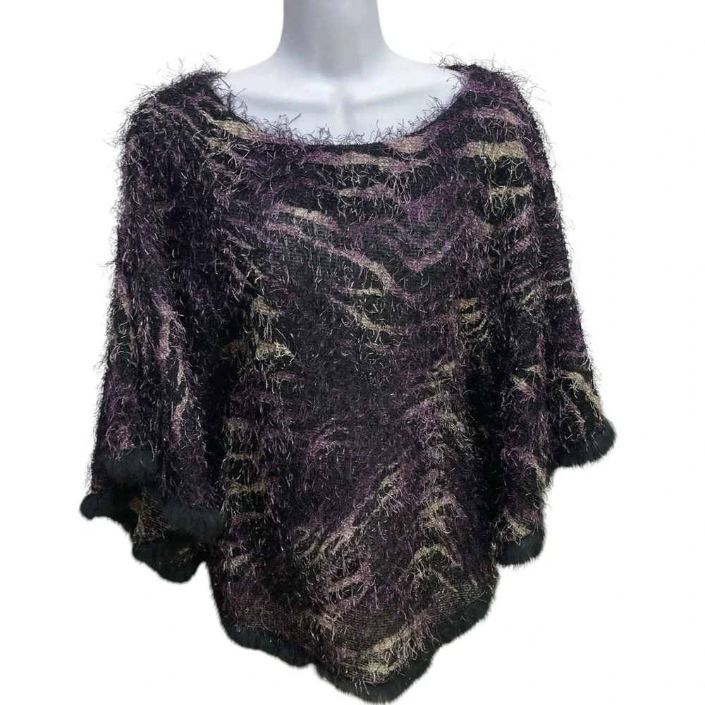 Alberto Makali Fringed Poncho Sweater‎ XS Purple Zebra Print Oversized NO BELT